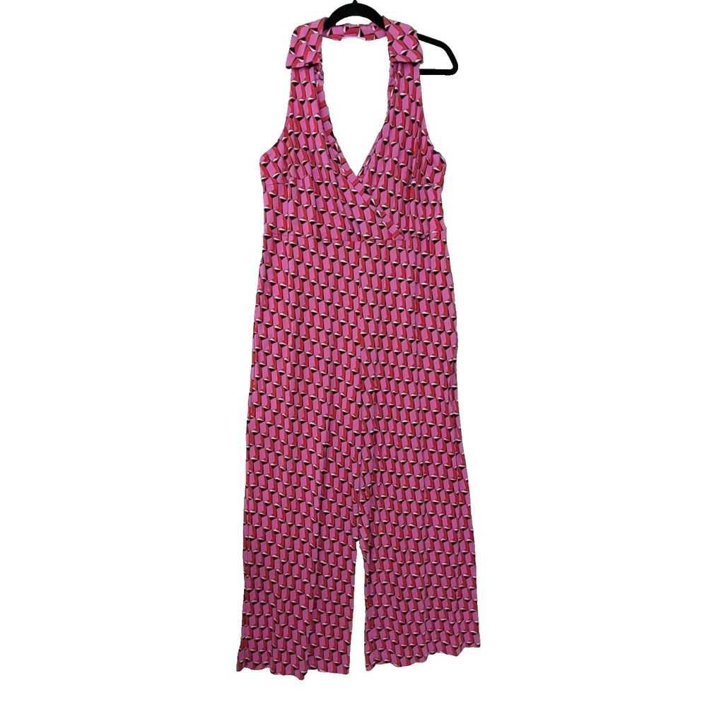 Diane Von Furstenberg Target Jumpsuit Womens XXL Pink 70s Retro Wide Leg Deep V